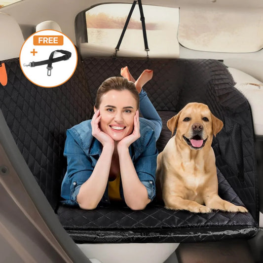 Hard Bottom 6-In-1 Dog Back Seat Cover , Waterproof Mesh Window, Non-Slip for Cars, Trucks and Suvs + FREE Dog Bed+ FREE Dog Safety Belt