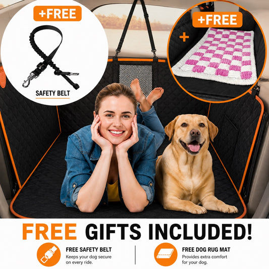 Hard Bottom 6-In-1 Dog Back Seat Cover , Waterproof Mesh Window, Non-Slip for Cars, Trucks and Suvs + FREE Dog Bed+ FREE Dog Safety Belt