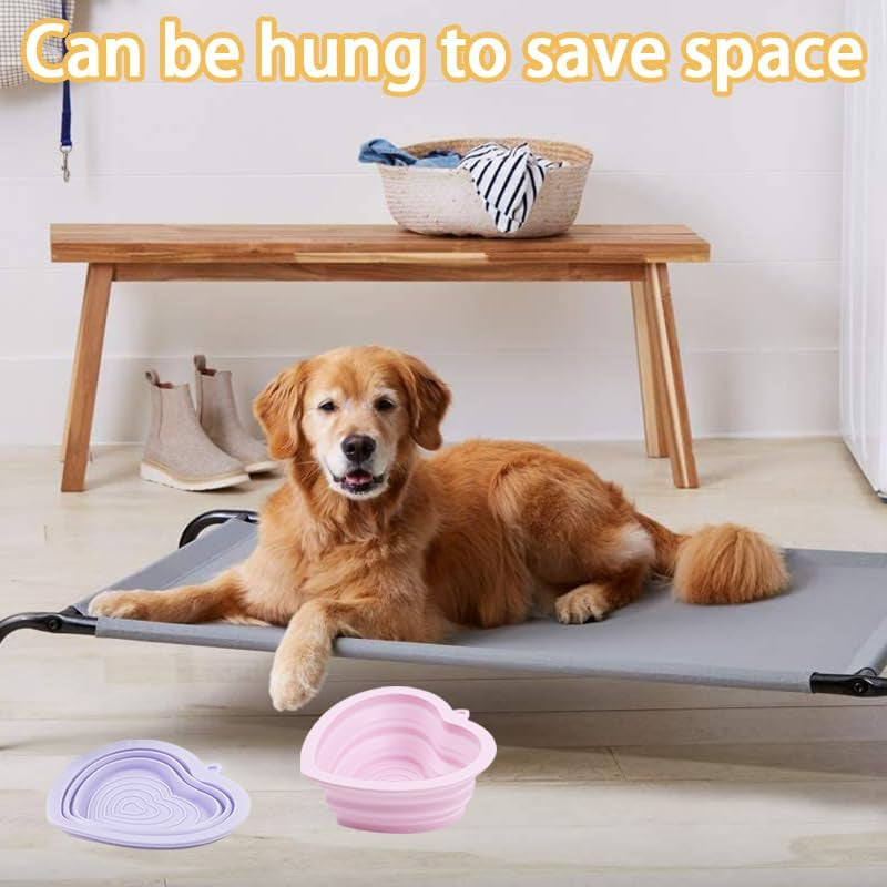 Collapsible Dog Bowls, Purple Heart-Shaped, 2-Pack Portable Foldable Pet Food and Water Bowls, Bpa-Free, Ideal for Travel, Hiking, and Camping