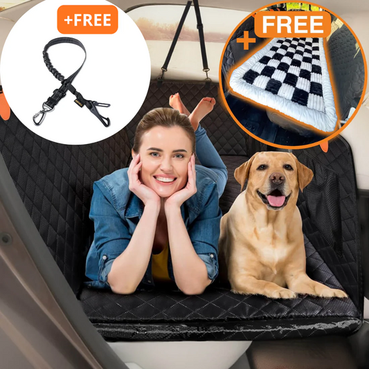 Hard Bottom 6-In-1 Dog Back Seat Cover , Waterproof Mesh Window, Non-Slip for Cars, Trucks and Suvs + FREE Dog Bed+ FREE Dog Safety Belt